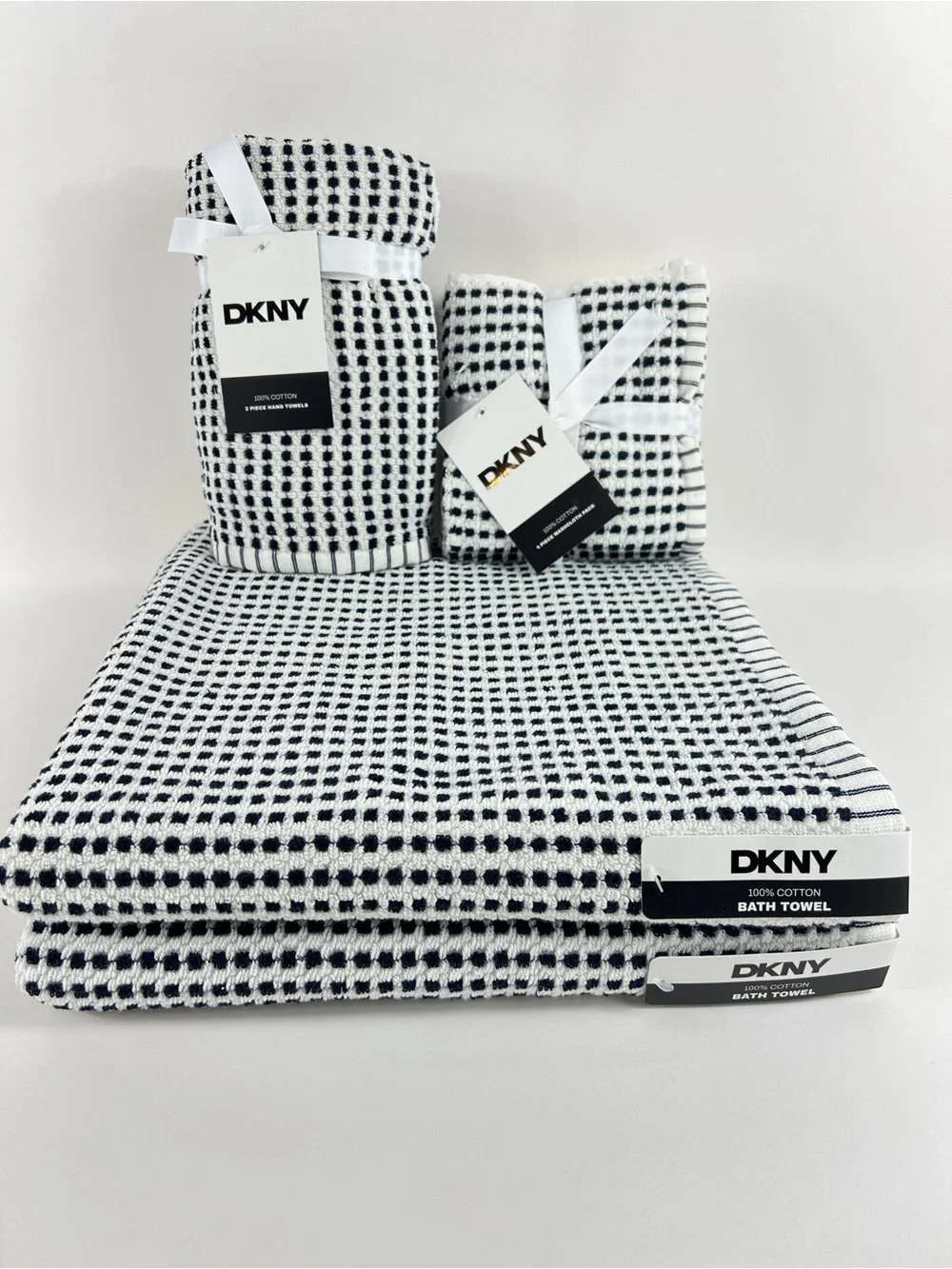 DKNY Bath Towel Set Black White Textured Dot 100% Cotton Super Soft 8 Pc NEW